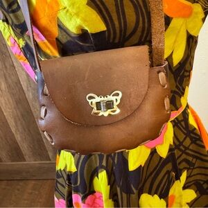 Small leather handmade Mexico brown purse shoulder bag butterfly clasp laced bag